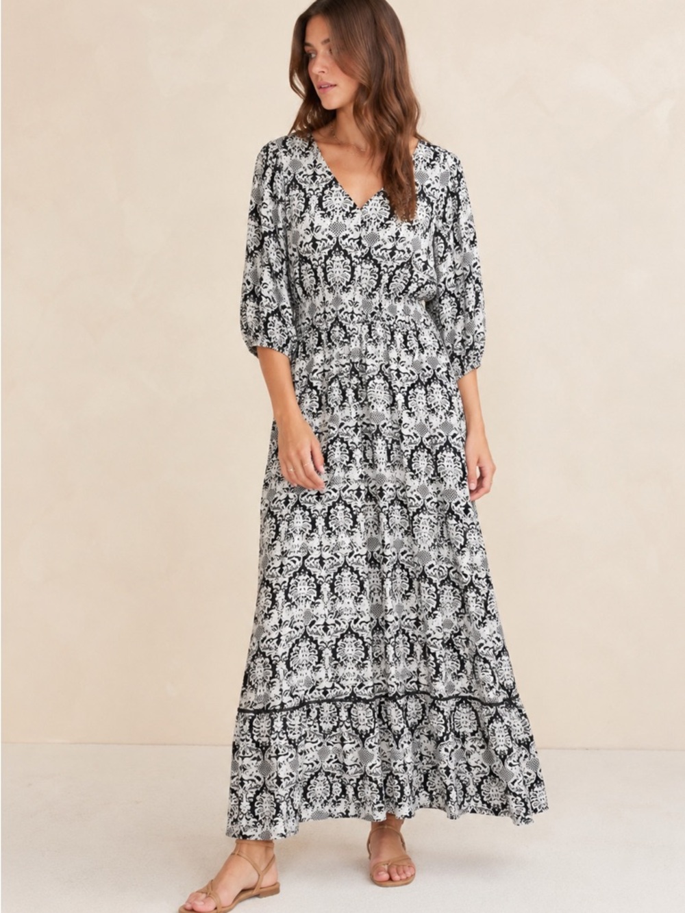 Wayward Fancies Eshakti Damask Print Lined Maxi Dress Rayon Cotton Size XL